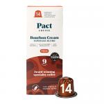 Photo shows six compact cream-and-brown boxes arranged in two rows, each box featuring an espresso cup image and a pod illustration, a bold brand logo and product name on the front, small text on the sides, and a glossy finish against a plain white background.