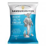 The image shows twelve 150g Savoursmiths Desert Salt & Vinegar crisp packs arranged in a neat grid, their blue-and-white packaging displaying the Savoursmiths logo, product name and potato crisp imagery on each bag.