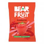A clean, white pack of 14 compact 35g pouches sits on a neutral surface. The box displays large, glossy strawberries and tiny scattered seeds alongside the BEAR logo in bold, playful letters. Bright red fruit imagery contrasts with crisp white packaging and clear product text.