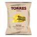 Seventeen green-and-yellow 125g Torres Pickle Flavour crisps bags are arranged in neat rows inside a shallow cardboard tray. Each glossy bag shows the Torres logo, pickle imagery and crisp illustrations, with nutritional text visible on some backs.