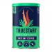 Six 100g TrueStart Lightly Caffeinated instant coffee jars sit in a neat row, each with a matte brown and cream label, bold TrueStart logo, a small steam icon, and clear lids revealing dark coffee granules. The multipack is shown against a plain white background. Soft shadows fall beneath every jar.