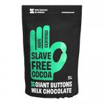 A cardboard tray holds twelve 80g packs of UP UP Giant Buttons milk chocolate, arranged in neat rows. Each bright wrapper shows the UP UP logo and an image of glossy, round milk chocolate buttons, with warm brown tones and playful graphic accents. Soft studio lighting accentuates texture. Foil glint