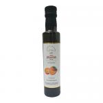 Photo shows six 250 ml clear glass bottles of OPUS Oléa orange infused extra virgin olive oil. Each bottle shows a white label with an orange motif and black logotype, golden-orange oil visible inside, and an orange cap, neatly arranged against a plain background.