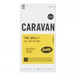 A rectangular cardboard box of Caravan Coffee Roasters Daily Pods sits on a neutral surface. The packaging shows warm brown and cream tones, a centered logo, stylized coffee bean graphics, bold product name text, and a slim transparent window revealing neatly stacked foil pods inside. Soft lighting.