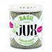 A neat pack of six compact JUX Food basil sachets sits in two rows. Each translucent pouch reveals dried green basil flakes and displays a green-and-white label with the JUX Food logo and product name. The plastic wrap gleams and small printed text lines the borders.