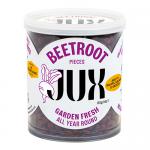 Six compact 80 g JUX Food packs of beetroot pieces sit side by side; clear film reveals uniformly diced, glossy deep-red beetroot. Magenta juice stains inner liners while bold JUX Food labels top each neat, vacuum-sealed pouch arranged in a tidy row. Soft light glints, highlighting natural ridges up.
