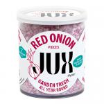 Six identical 25g JUX Food packs sit in a neat group, each with a clear window showing irregular deep purple-red onion pieces. Simple branded labels border the pouches. The glossy plastic catches light, emphasizing the layered, slightly translucent texture of the chopped onions. A faint sheen shows.