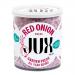 Six identical 25g JUX Food packs sit in a neat group, each with a clear window showing irregular deep purple-red onion pieces. Simple branded labels border the pouches. The glossy plastic catches light, emphasizing the layered, slightly translucent texture of the chopped onions. A faint sheen shows.