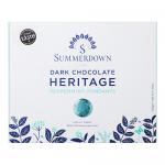 The image shows a 200g Summerdown Heritage Peppermint Fondants box beside eight round chocolate-coated fondants. Several are whole and a couple are sliced to reveal a bright white peppermint core. The packaging displays vintage lettering and mint-green accents.