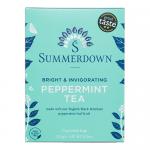 A compact green-and-white box sits facing forward, labeled with the Summerdown logo and 'English Peppermint'. Mint leaf illustrations and a clear pyramid-tea graphic decorate the front. The pack of eight slim pyramid sachets and a weight statement appear against a plain white background soft shadow