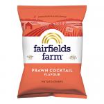 A bright red Fairfields Farm Prawn Cocktail crisps packet sits upright against a plain background. The front shows a smiling prawn illustration, bold white brand lettering, and a burst graphic. Crisps spill from an open corner, revealing ridged, golden chips. Shiny glossy film reflects light subtly.