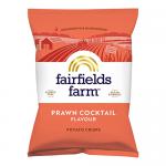 A glossy Fairfields Farm crisp bag stands upright, labeled Prawn Cocktail with 150g shown on the front. Warm pink and coral tones surround an illustration of prawns and scattered potato crisps. The brand logo appears above a detailed close-up of crunchy chip texture. Soft studio light adds warm sheen.