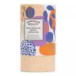 The image shows a cylindrical Farmhouse Biscuits tube with an abstract, painterly design in dark chocolate brown and bright marmalade orange. The bakery logo and product name appear in crisp white lettering; stylized biscuit and chocolate motifs wrap around the 150g tin.