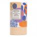 The image shows a cylindrical Farmhouse Biscuits tube with an abstract, painterly design in dark chocolate brown and bright marmalade orange. The bakery logo and product name appear in crisp white lettering; stylized biscuit and chocolate motifs wrap around the 150g tin.