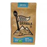 Six identical 400g Good Granola Co packets stand in a neat cluster against a neutral background. Front labels show the brand name, Mixed Nut & Dark Chocolate text and a small squirrel logo. Loose granola, whole nuts and dark chocolate pieces scatter across the foreground. Soft light reveals texture.