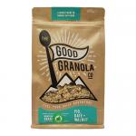 A glossy pack of six Good Granola Co boxes sits against a neutral background. Each 400g box shows illustrations of figs, dates and walnuts around the logo. Earthy tones, hand-drawn fruit, clear product name and nutritional panels on the sides are visible. Showing textured clusters and walnut pieces.