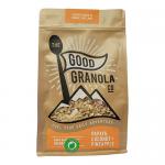 A bright tropical bag shows papaya, coconut and pineapple illustrations around a clear window revealing golden granola clusters studded with dried papaya pieces and shredded coconut. A playful squirrel logo and bold lettering sit near the top.