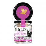 A bright resealable pouch shows Nalo branding at the top and bold Chinese Salt & Pepper wording. The front displays glossy roasted cashews and almonds scattered with cracked black pepper, with small fruit, nuts & seeds icons and clean, modern graphic accents.