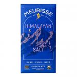 An unwrapped Meurisse dark chocolate bar sits on a neutral surface, its glossy, deep-brown squares embossed with the brand name. A few pieces are broken, revealing a dense interior. Coarse pink Himalayan salt crystals scatter across the top, contrasting with the chocolate's smooth sheen. Softly lit.