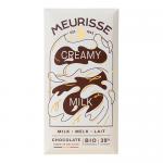 Photo shows a Meurisse milk chocolate display: several 100g bars stacked beside an unwrapped bar with glossy, ribbed segments and a smooth, creamy milk filling exposed. The wrapper lies folded back, showing the brand name and soft, warm tones against a neutral background. Soft light accents texture.