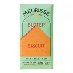 A glossy rectangular pack of Meurisse milk chocolate bars sits against a plain background. The wrapper shows creamy-brown tones, an image of a chocolate slab with crunchy butter biscuit pieces, and neat branding text. Several bars appear stacked, edges slightly uneven. A bite reveals biscuit crumbs.
