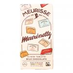 Photograph shows a rectangular Meurissette Milk Selection box in deep brown with gold accents and Meurisse branding. A clear window reveals 14 milk chocolates arranged in three rows, each with smooth domed tops and subtle shine, nestled in a fitted tray.