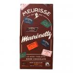 A rectangular box of dark chocolate bars sits against a neutral backdrop. Fourteen individually wrapped portions stand in two neat rows beneath subtle packaging graphics. Deep brown tones, glossy foil accents and elegant brand lettering create a refined, classic appearance. Soft sheen accents depth.