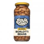 Six identical 570g Bold Bean Co Queen Borlotti Bean packs sit upright in a neat group. Each pack displays the Bold Bean Co logo and product name alongside a clear window revealing speckled borlotti beans. The arrangement rests on a plain light background.