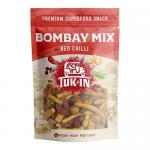 A photo shows nine 40g packs arranged in a 3x3 grid. Each glossy red wrapper displays the Tuk In Foods logo and the Red Chilli Bombay Mix label, with illustrated spicy peppers and a close-up of crunchy mix pieces. Soft studio lighting creates subtle shadows and highlights. Camera angle is slightly up.