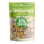 A vibrant packet of Lime Pickle Bombay Mix shows golden crunchy sev, roasted peanuts and ribboned chickpea bites flecked with green lime seasoning. Bright bag art displays lime slices and bold lettering while the snack glistens with oil and spice under soft light. Specks of red chili and salt gleam.