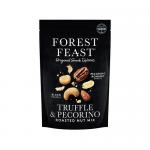 A Forest Feast packet sits on a neutral surface, its label showing truffle illustration, a pecorino wedge and scattered peanuts and cashews. Earthy browns and creams contrast green accents; a clear window reveals mixed nuts and a neat stack of snack packs behind. Soft shadows fall across the layout.