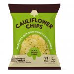 A photo shows twelve packets of Growers Garden Cauliflower Crisps Black Pepper & Lime arranged in a loose pile on a pale surface. Bright packaging mixes white, green and black, featuring cauliflower illustrations, lime and pepper graphics, a clear logo and small nutrition icons. Crisps and crumbs here.
