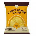 A vibrant snack pack shows Growers Garden branding and a mango chilli label. The front features illustrated cauliflower florets, ripe mango slices and a red chili, with crisps spilling from a bowl against a warm yellow-orange background and fresh green leaf accents. Glossy finish and bold white type