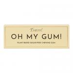 A colorful multipack of 12 OH MY GUM! 19g packs sits against a white background. Each slim packet displays the bold OH MY GUM! logo, tropical fruit illustrations—pineapple, mango and palm leaves—and bright yellow, orange and teal accents.