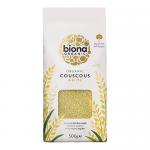 Photo shows six 500g Biona Organic couscous packs in two neat rows. Green-and-cream packaging features the Biona logo, organic certification symbols, the product name and a photo of pale golden couscous visible through a clear panel.