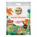 A bright matte pouch sits center, labeled with organic branding and playful typography. A translucent window reveals twisted gummy snakes in vivid red, green, yellow and orange, dusted with sour sugar. The bag edges curl slightly, casting soft shadows on a plain white surface. A subtle matte finish