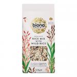 Front-facing pouch shows the Biona Organic logo on a green-and-white pack. A clear window reveals mixed wild and brown rice grains. Rustic rice-stalk illustrations, an organic seal and bold 'Wild Rice Mix' lettering accompany a 500g weight mark.