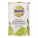 A row of six matte cans sits on a plain surface, each bearing Biona’s green-and-white label with an illustrated jackfruit and crisp typography. The cans display ingredient details and a small organic logo; lighting casts soft highlights and gentle shadows across the arrangement. In soft focus...