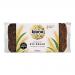 A rustic 500g Biona Organic Rye Bread loaf sits in clear packaging with a Biona Bakery label. Dark, dense crumb shows deep brown color and coarse texture; a thick, crackled crust and scattered rye grains create an artisanal, hearty appearance.