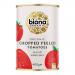 A single 400g Biona Organic Chopped Tomatoes can stands upright with a white label featuring the green Biona logo and botanical accents. Vivid red tomato pieces are pictured on the label; the metal can has a smooth rim, soft studio lighting and a neutral background. A soft shadow appears beneath it.