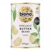 A six-pack of 400g Biona Organic Butter Beans shows six identical cans with white-and-green labels. Each label features the Biona logo, an image of pale butter beans, organic certification marks and soft green accents. The cans sit in a tidy rectangular arrangement. Clean lighting and plain backdrop