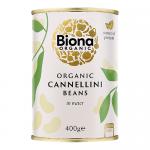 The photo shows six identical 400g Biona Organic cannellini bean cartons arranged in two rows on a plain background. Each carton features the Biona logo, an organic certification mark, green design accents and a clear photo of white cannellini beans on a cream panel. The lighting is soft and even .