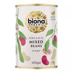 A kraft-style pouch with a green Biona logo and organic labeling shows a clear window revealing a mix of colorful beans and pulses—red, black, beige and brown. Simple typefaces and natural tones frame weight and product name on the front. A resealable top, and a matte finish add texture to the pack.