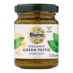 Six 120g glass jars of Biona Organic Green Pesto sit together in a neat pack. The jars display green-and-white labels with the Biona logo; vivid green pesto shows through clear glass and metallic lids, and the jars are held together by a compact retail wrap.