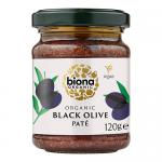 A clear glass jar with a black metal lid reveals smooth, dark-brown olive pate. The white label features a green Biona logo, a small black olive illustration, bold product name and fine ingredient text. Six identical jars sit grouped in two rows on a plain white background. Subtle glass highlights.
