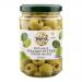 Clear glass jar holds glossy pitted green olives submerged in pale brine. The Biona label in green and cream encircles the jar. Light catches the liquid and olive skins, revealing smooth, rounded forms, tight packing and faint natural blemishes beneath the translucent saline with subtle highlights.