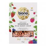 A row of six cardboard boxes shows Biona Wild Berry Crisp Granola. Purple and cream packaging features glossy berry photography and granola clusters spilling from a wooden bowl, with the Biona logo, organic badge and ingredient illustrations arranged across the front panels. Matte finish; crisp font