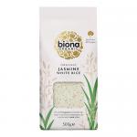 A clear image shows six 500g white jasmine rice packets from Biona arranged in a neat row. Each pale cream bag features the green Biona logo, botanical illustrations and a transparent window revealing long, slender grains. Simple, natural-themed packaging dominates. Soft lighting highlights texture.