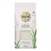 A clear image shows six 500g white jasmine rice packets from Biona arranged in a neat row. Each pale cream bag features the green Biona logo, botanical illustrations and a transparent window revealing long, slender grains. Simple, natural-themed packaging dominates. Soft lighting highlights texture.