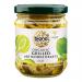 Five clear glass jars sit in a row, each filled with grilled artichoke halves suspended in golden oil. Charred grill marks and scattered herb flecks contrast with pale green hearts; green-and-white Biona labels wrap the jars.